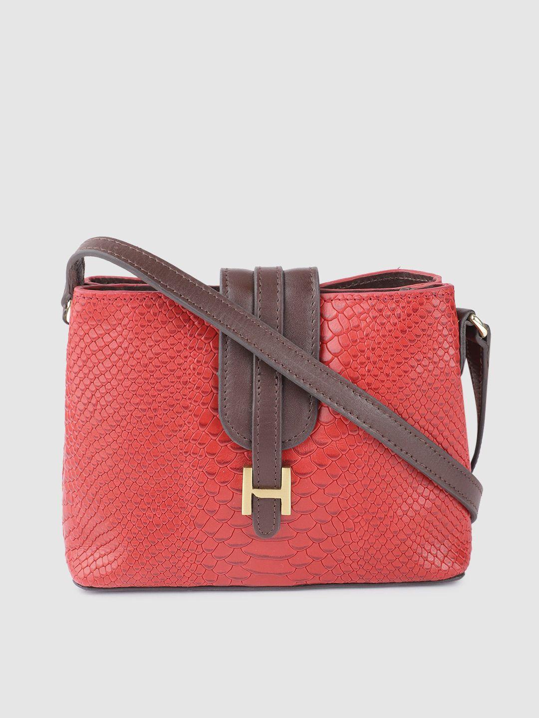 hidesign red & coffee brown handcrafted croc textured leather structured sling bag