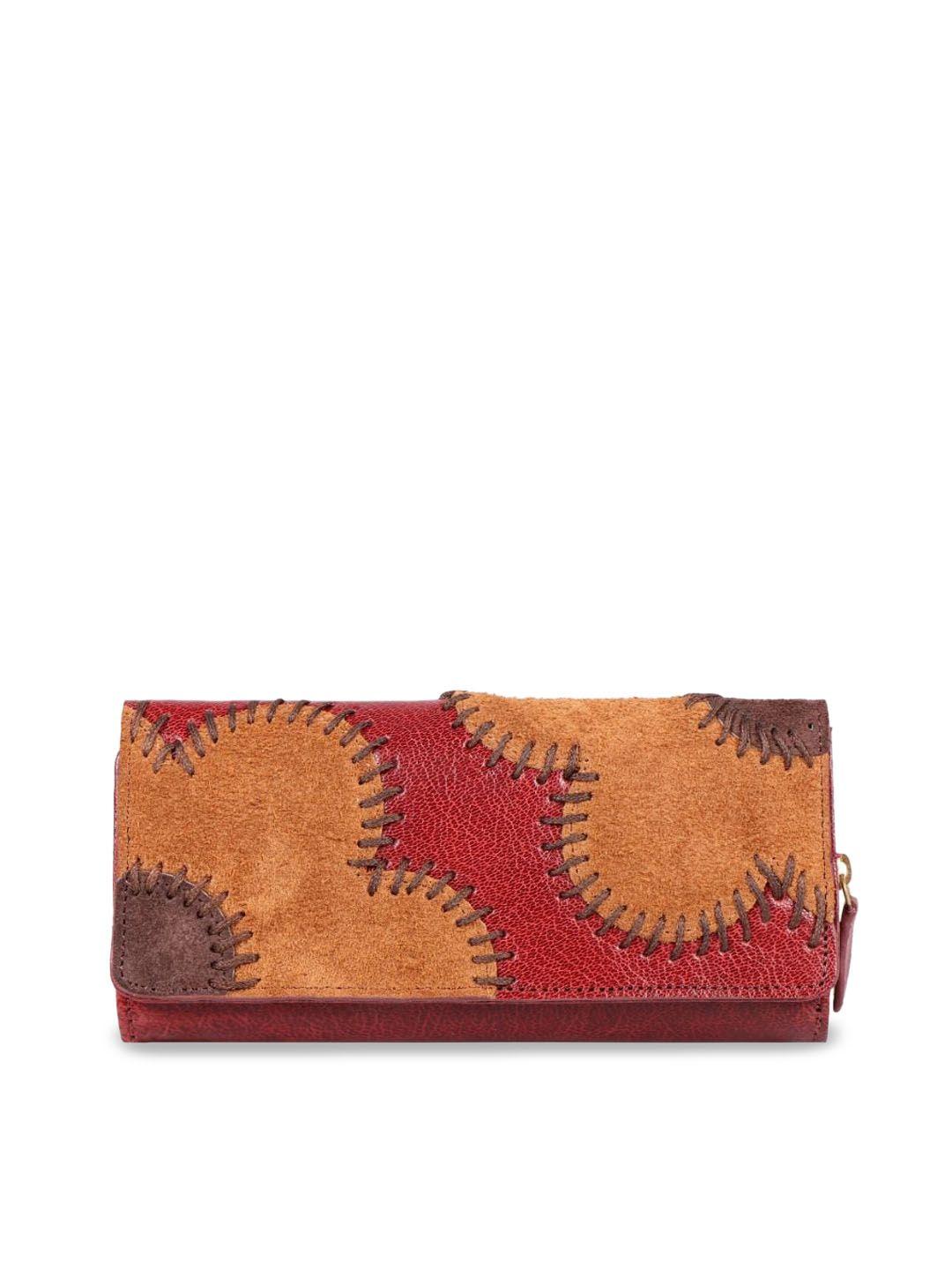 hidesign red & orange floral woven design embroidered leather envelope
