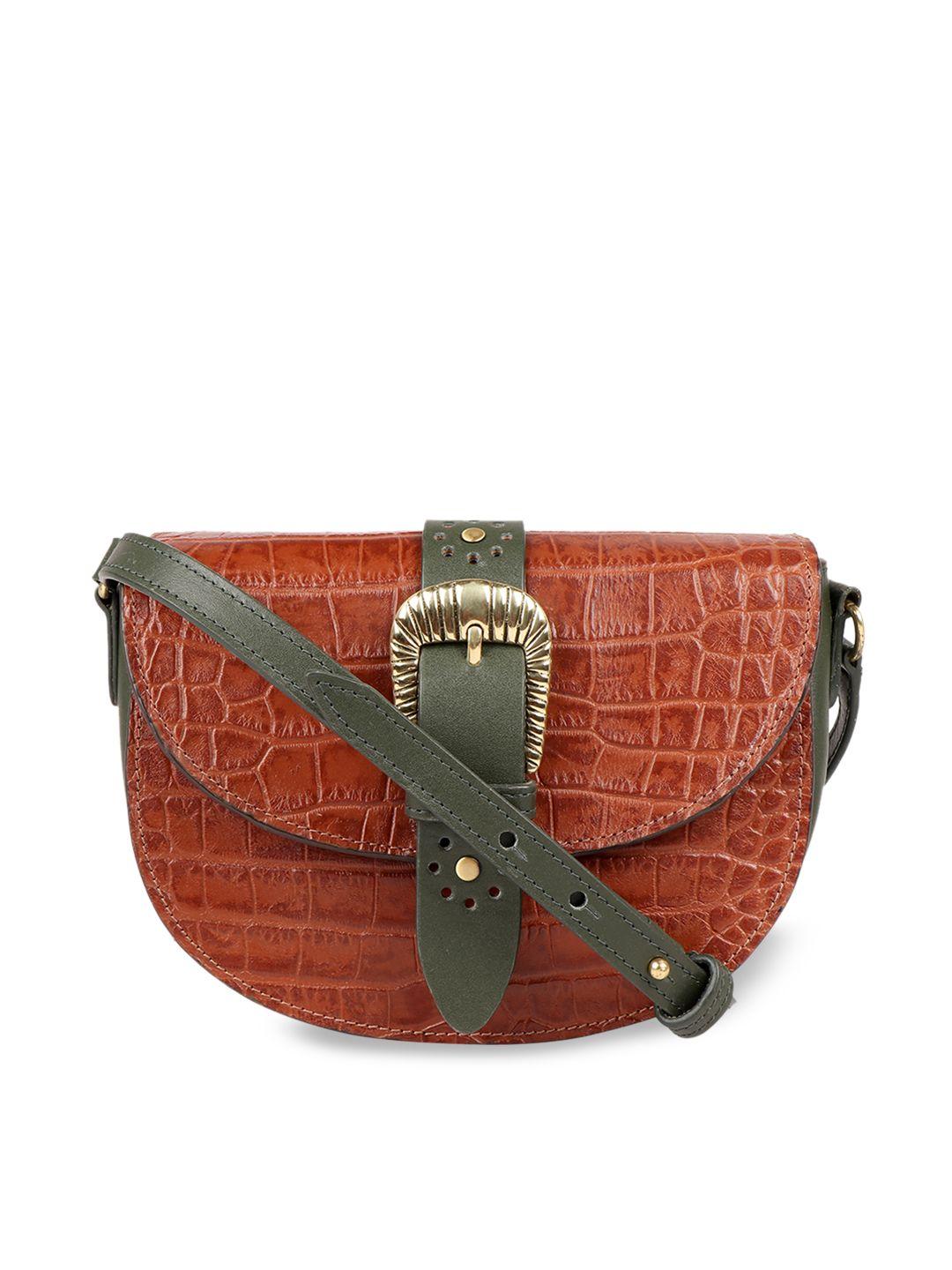 hidesign tan brown crocodile textured leather sling bag