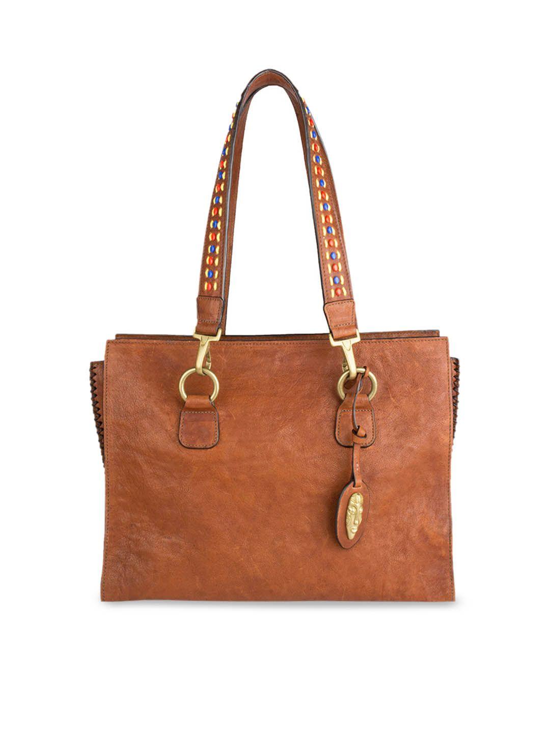 hidesign tan brown solid leather handheld bag