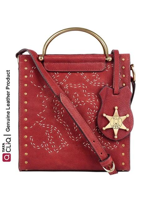 hidesign wild west red embroidered medium handbag