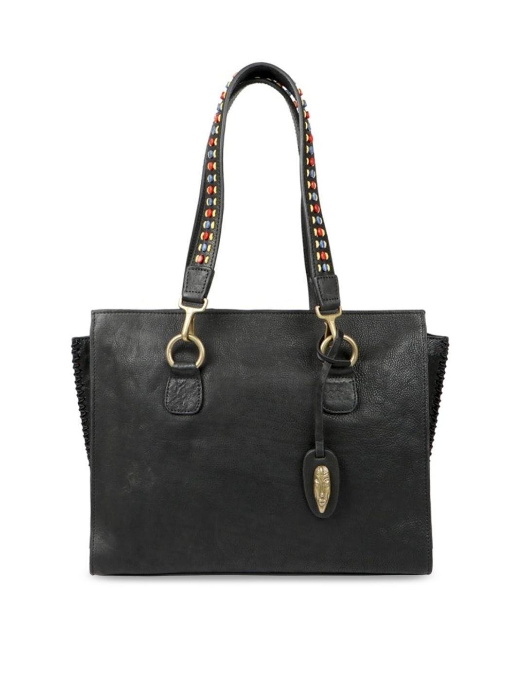 hidesign women black leather structured shoulder bag