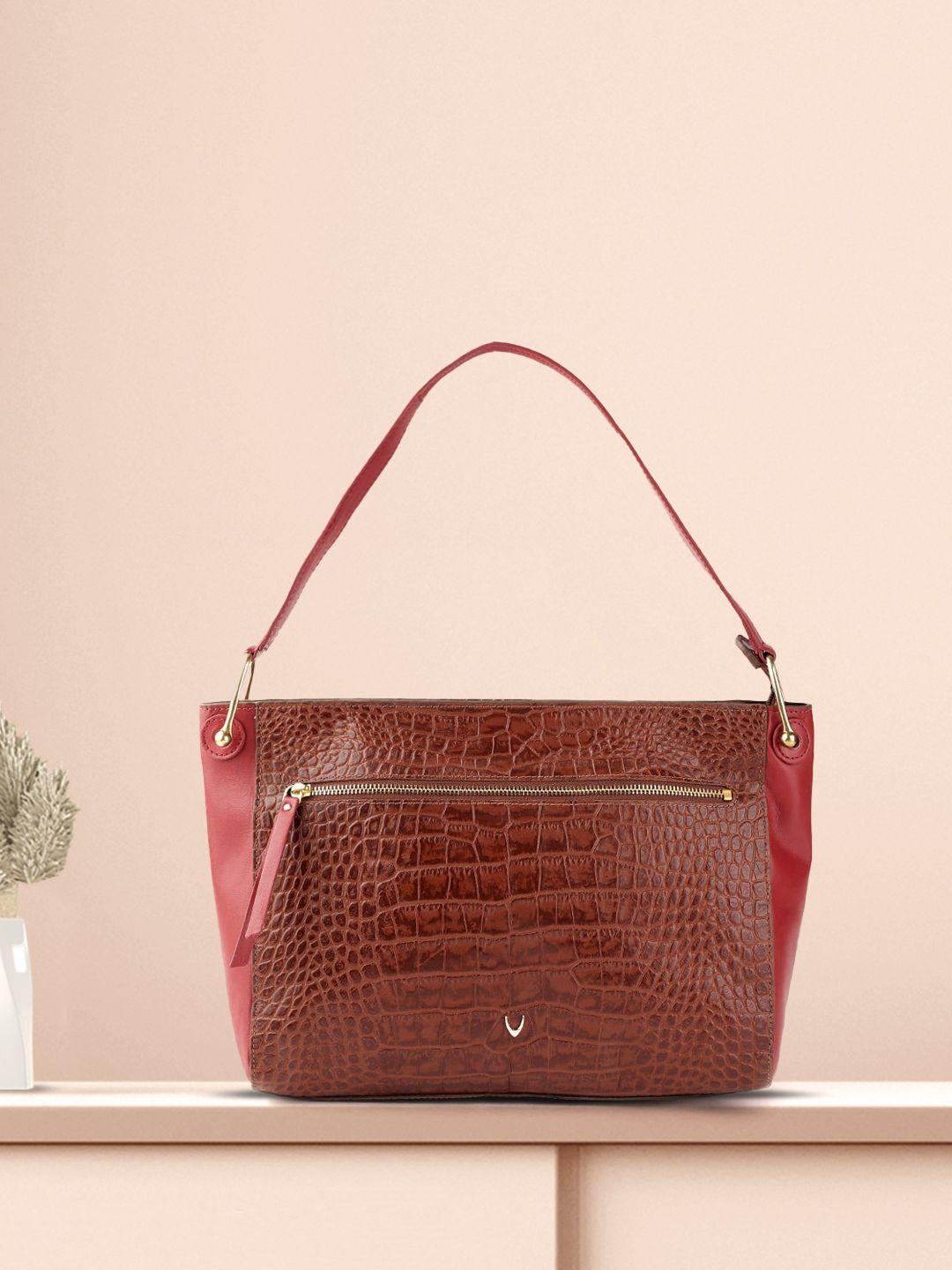 hidesign women brown & red croc-textured leather shoulder bag