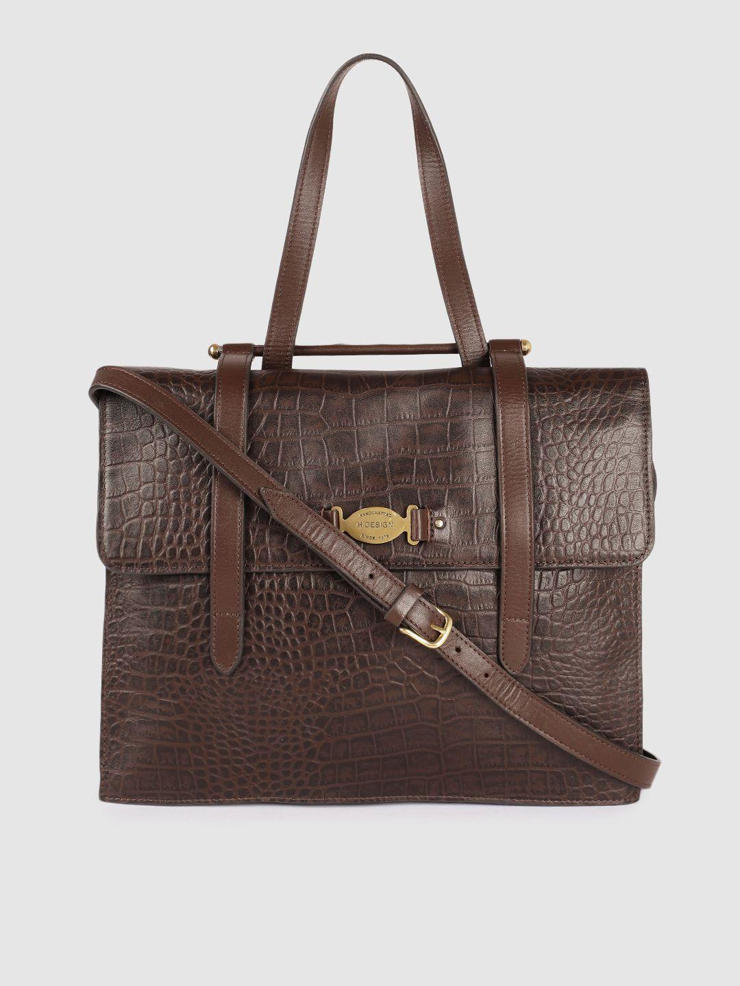 hidesign women brown animal textured leather structured satchel