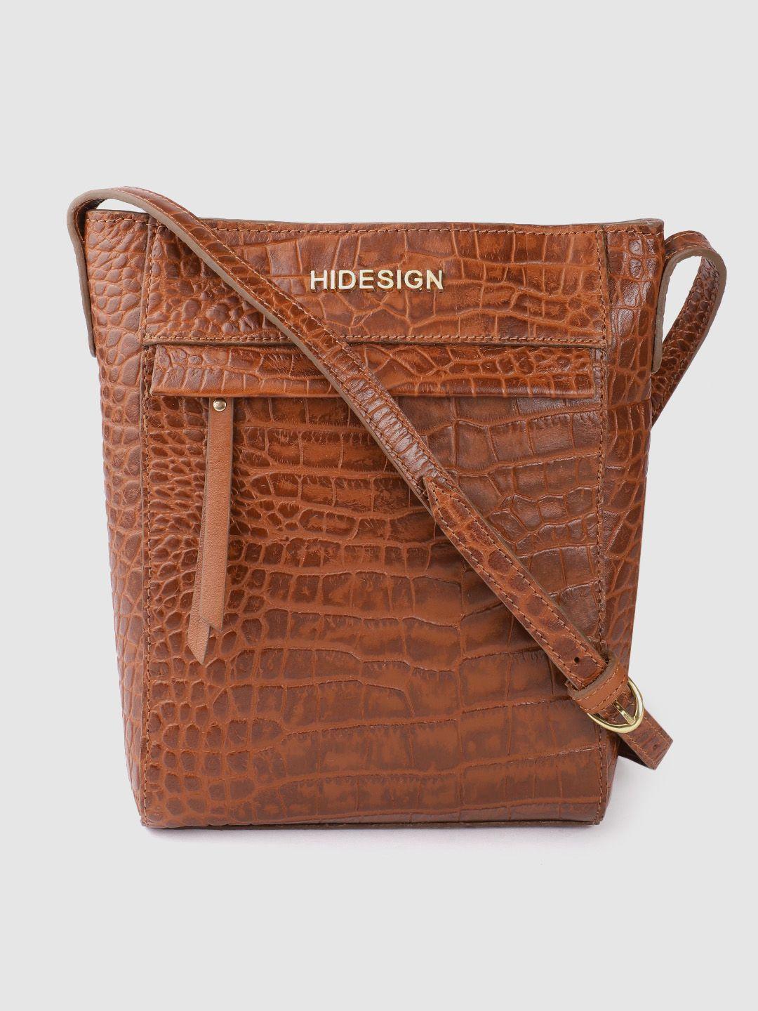 hidesign women brown croc-textured leather structured sling bag