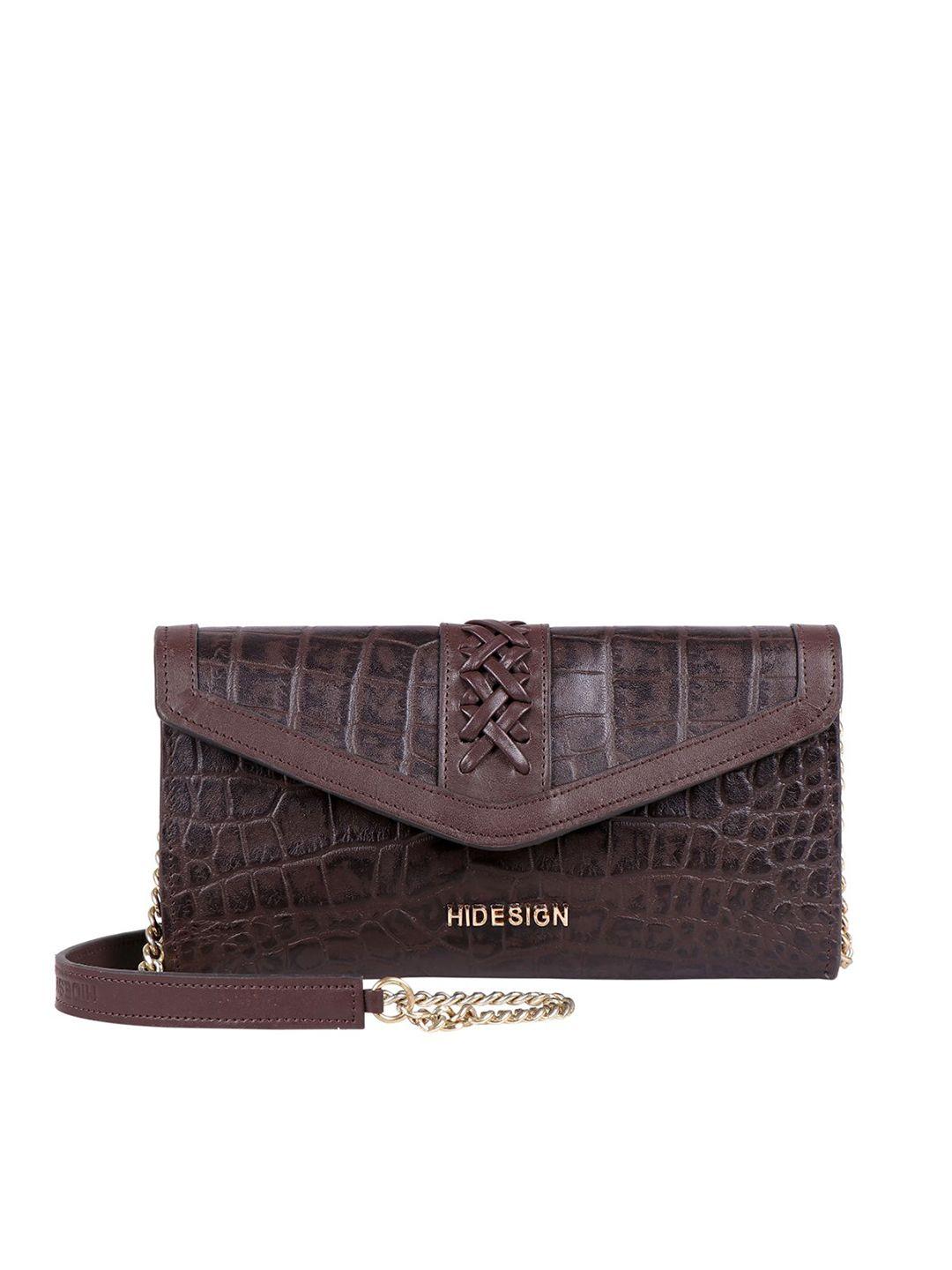 hidesign women brown textured leather envelope with sling strap