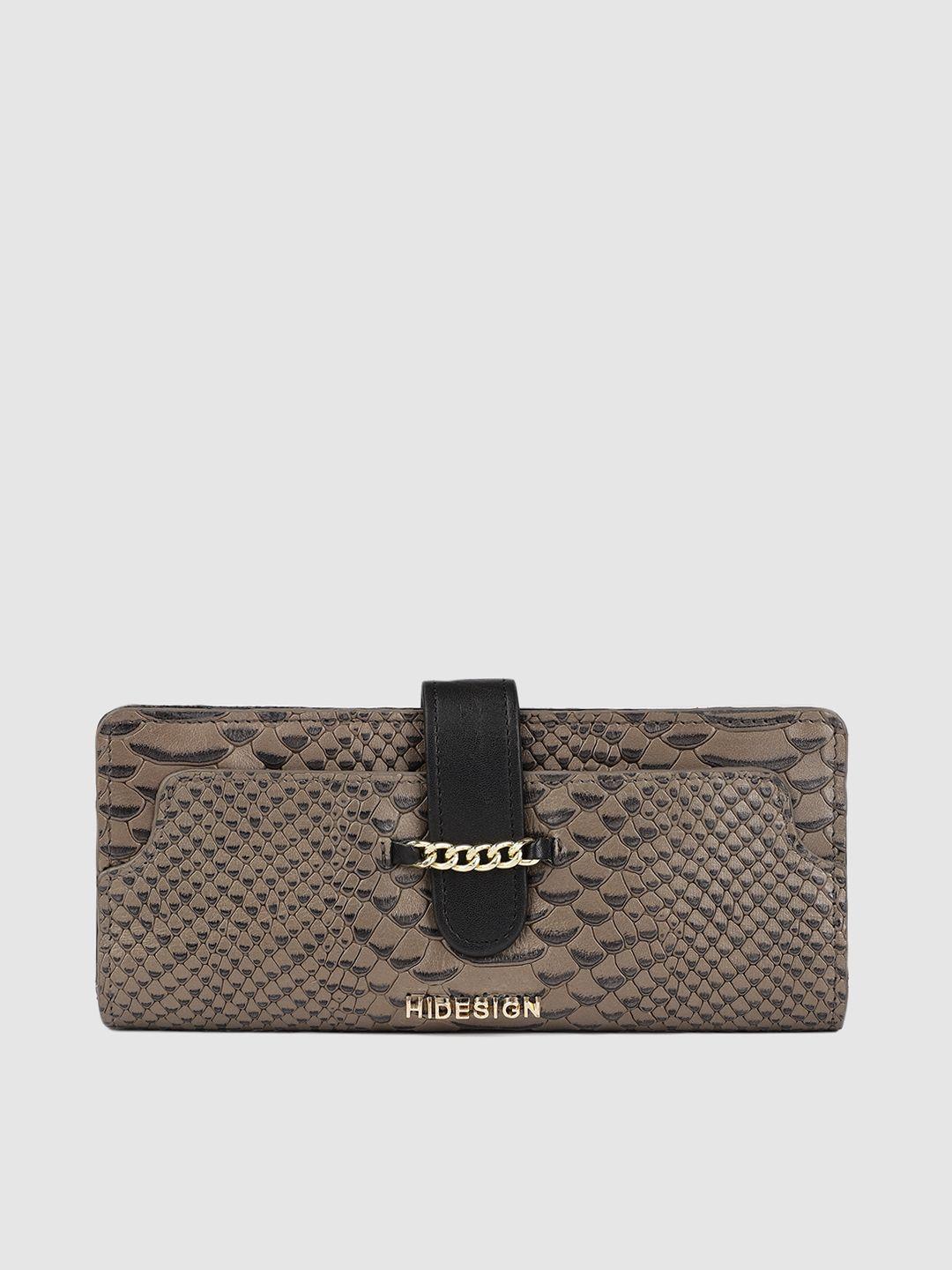 hidesign women gunmetal-toned snakeskin textured buckle detail leather two fold wallet