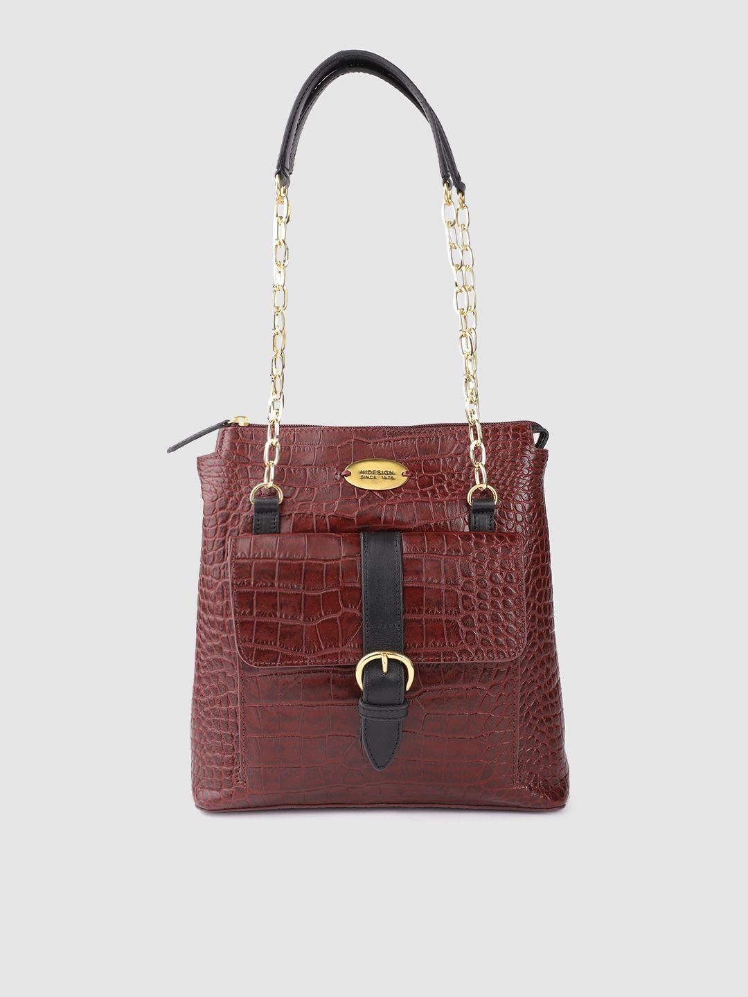 hidesign women maroon & black croc-textured leather structured shoulder bag