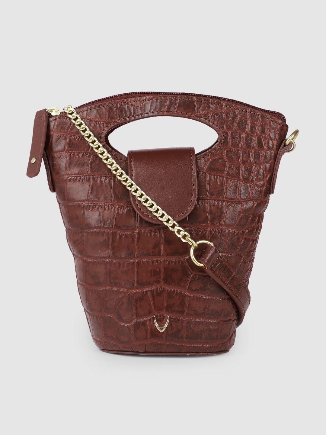 hidesign women maroon animal textured leather bucket bag