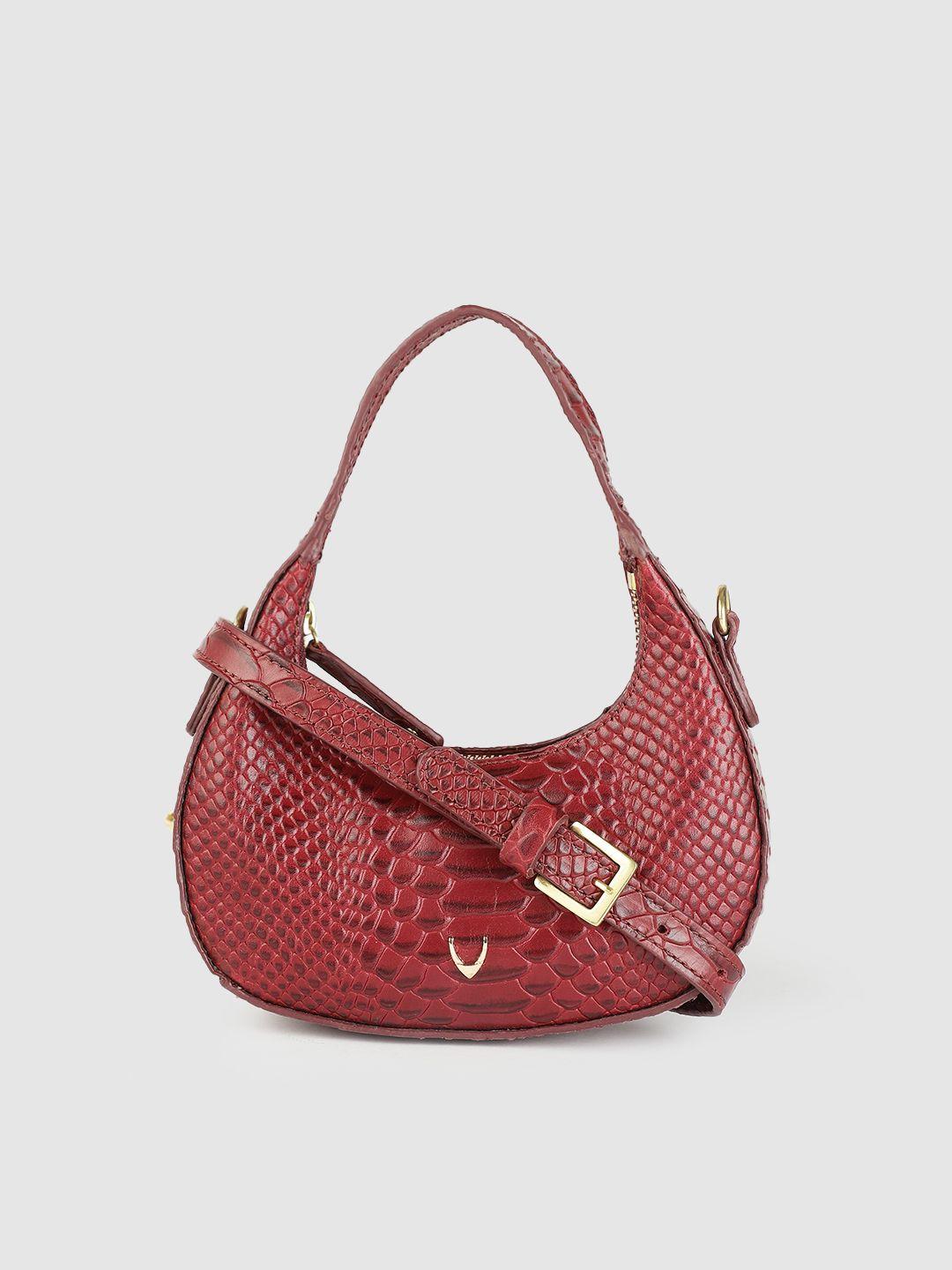 hidesign women maroon animal textured leather structured handheld bag