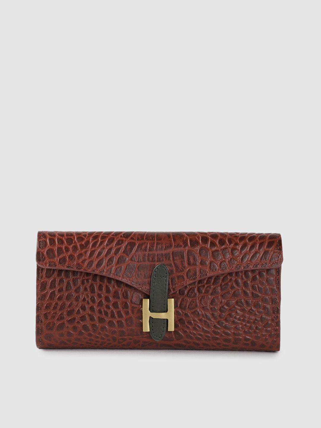 hidesign women maroon croc textured leather three fold wallet