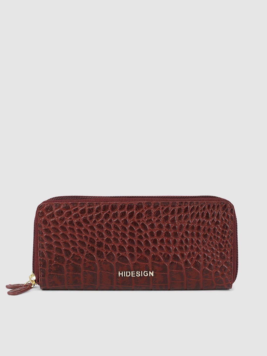 hidesign women maroon croc textured leather zip around wallet