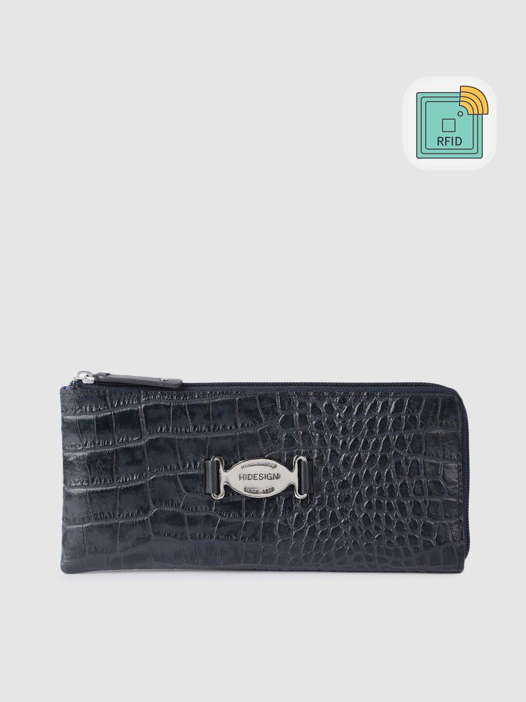 hidesign women navy blue animal textured leather zip around wallet