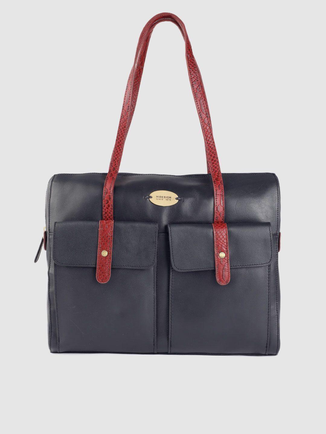 hidesign women navy blue solid leather laptop bag