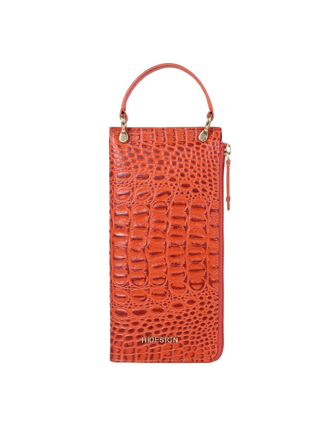 hidesign women orange crocodile textured leather zip around wallet
