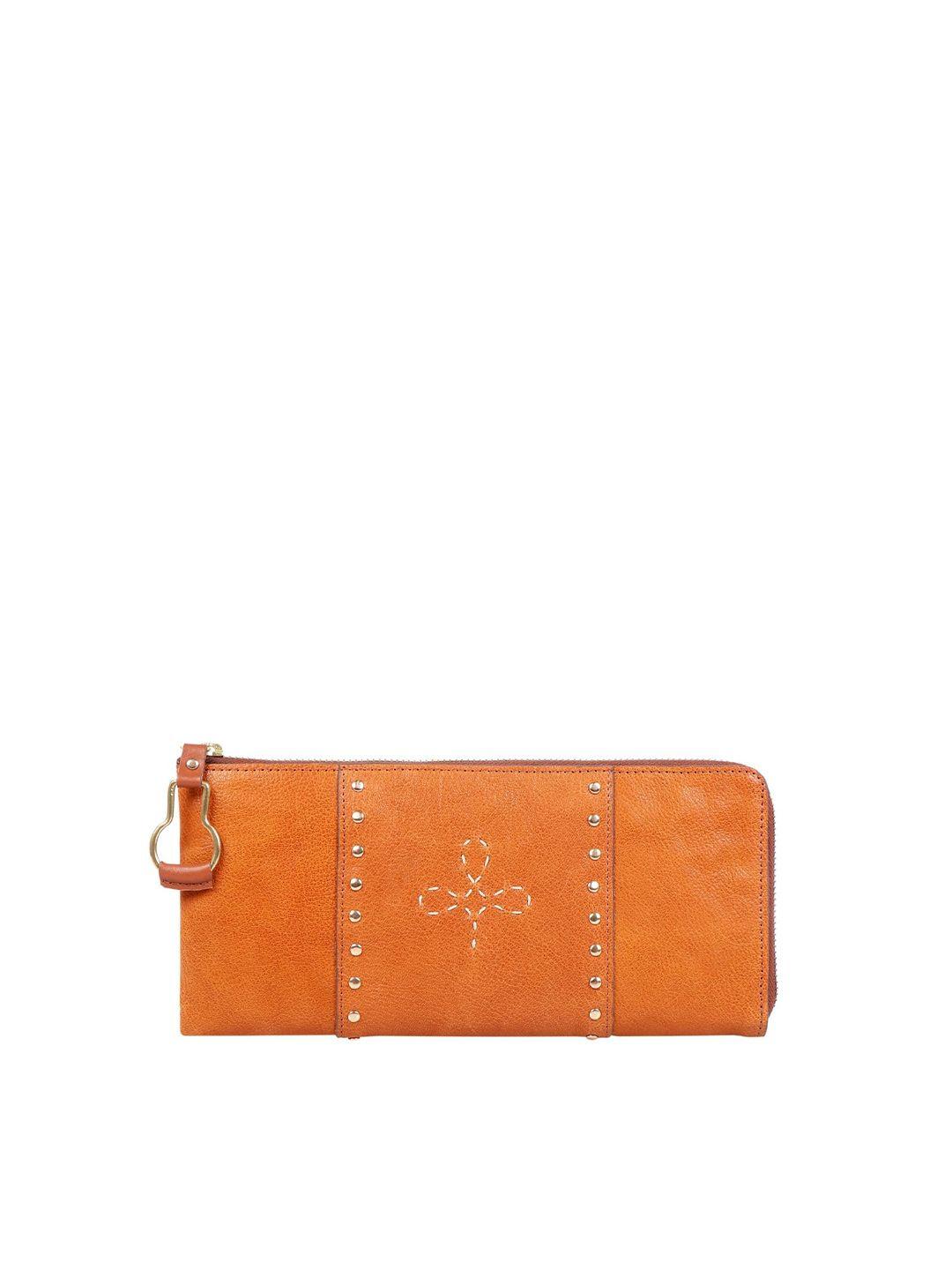 hidesign women orange textured leather zip around wallet