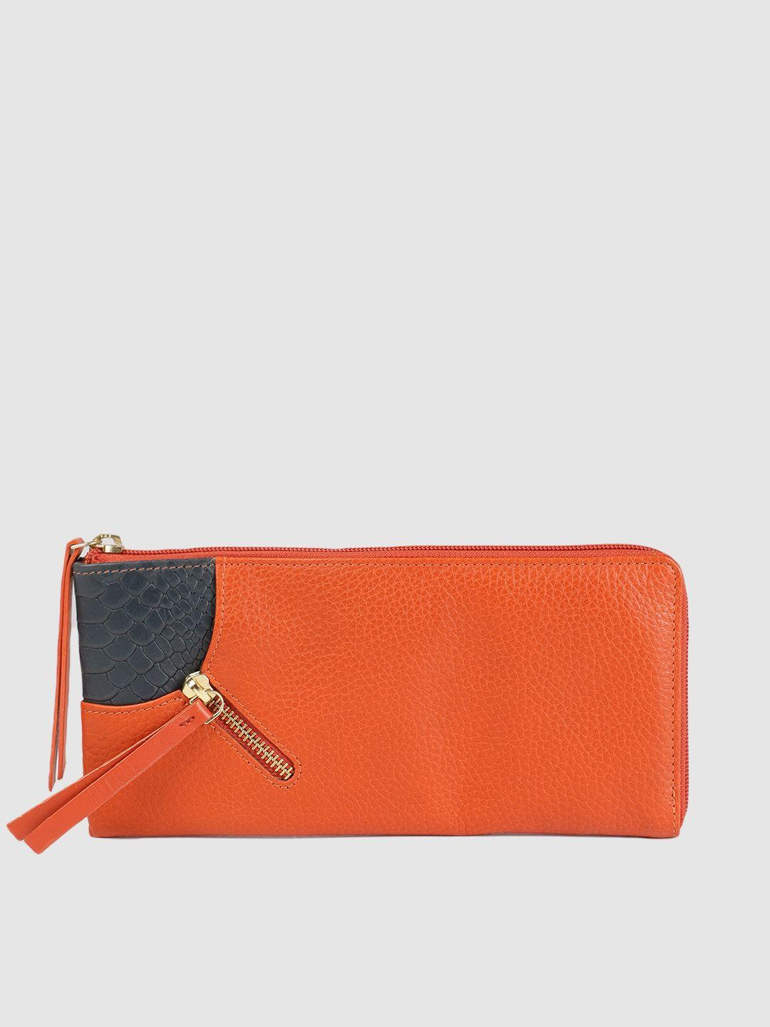 hidesign women orange textured zip around wallet