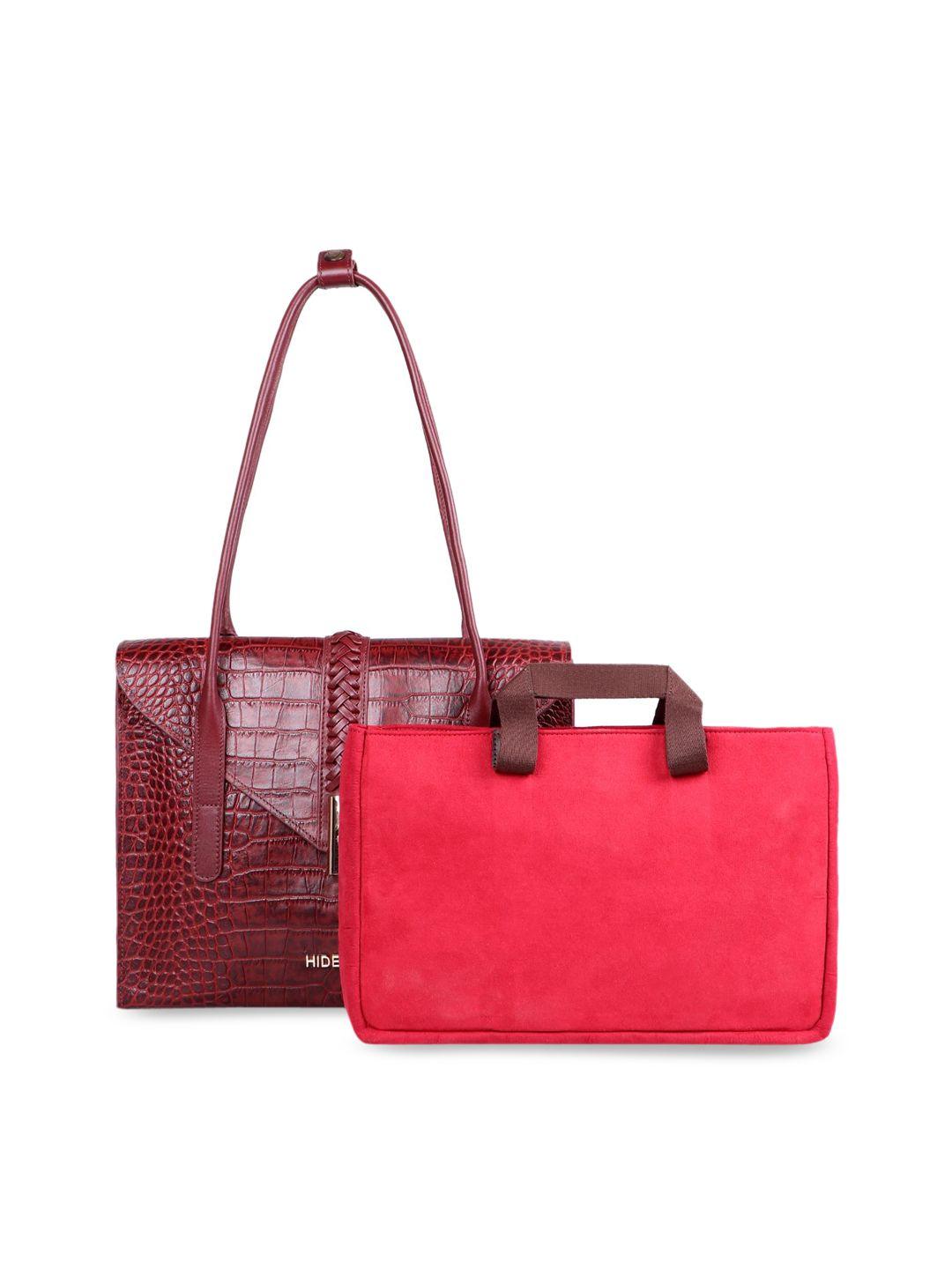 hidesign women red animal textured leather structured shoulder bag