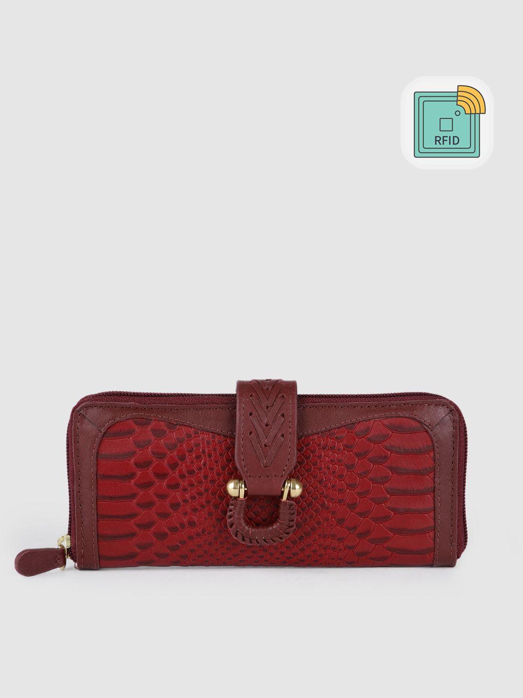 hidesign women rust red & coffee brown snakeskin handcrafted leather zip around wallet