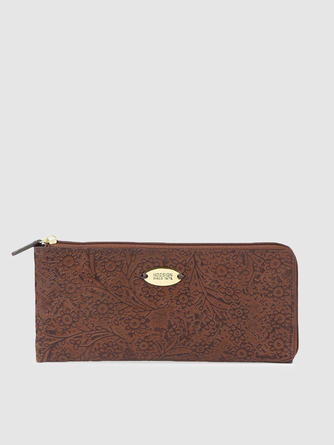 hidesign women tan brown self design zip around leather wallet