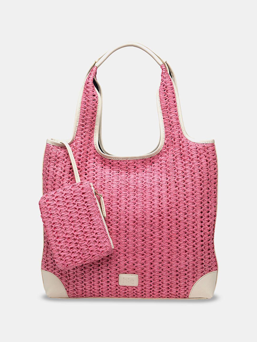 hie anya textured self design shopper tote bag with hanging pouch