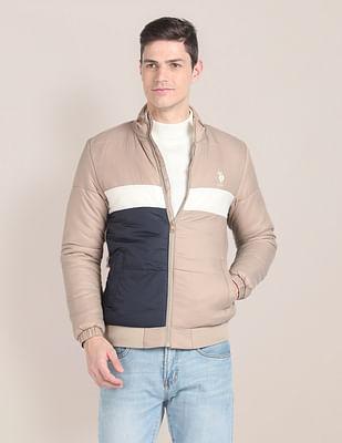 high neck colour block jacket