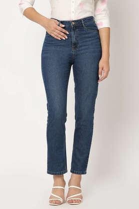high rise blended fabric straight fit women's jeans - blue