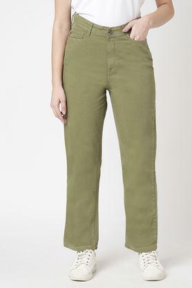 high rise blended fabric straight fit women's jeans - olive