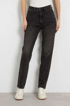 high rise heavy wash cotton relaxed fit women's jeans - black