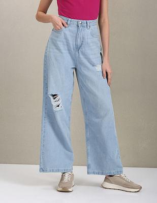 high rise wide leg distressed jeans
