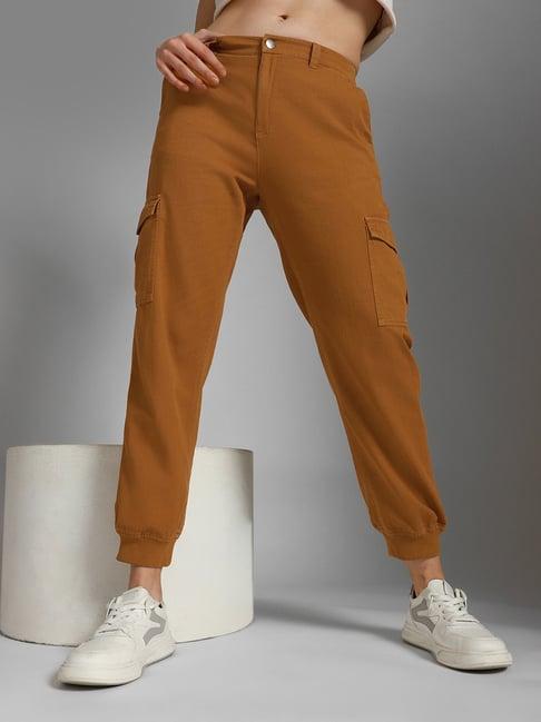 high star brown cotton regular fit high rise joggers