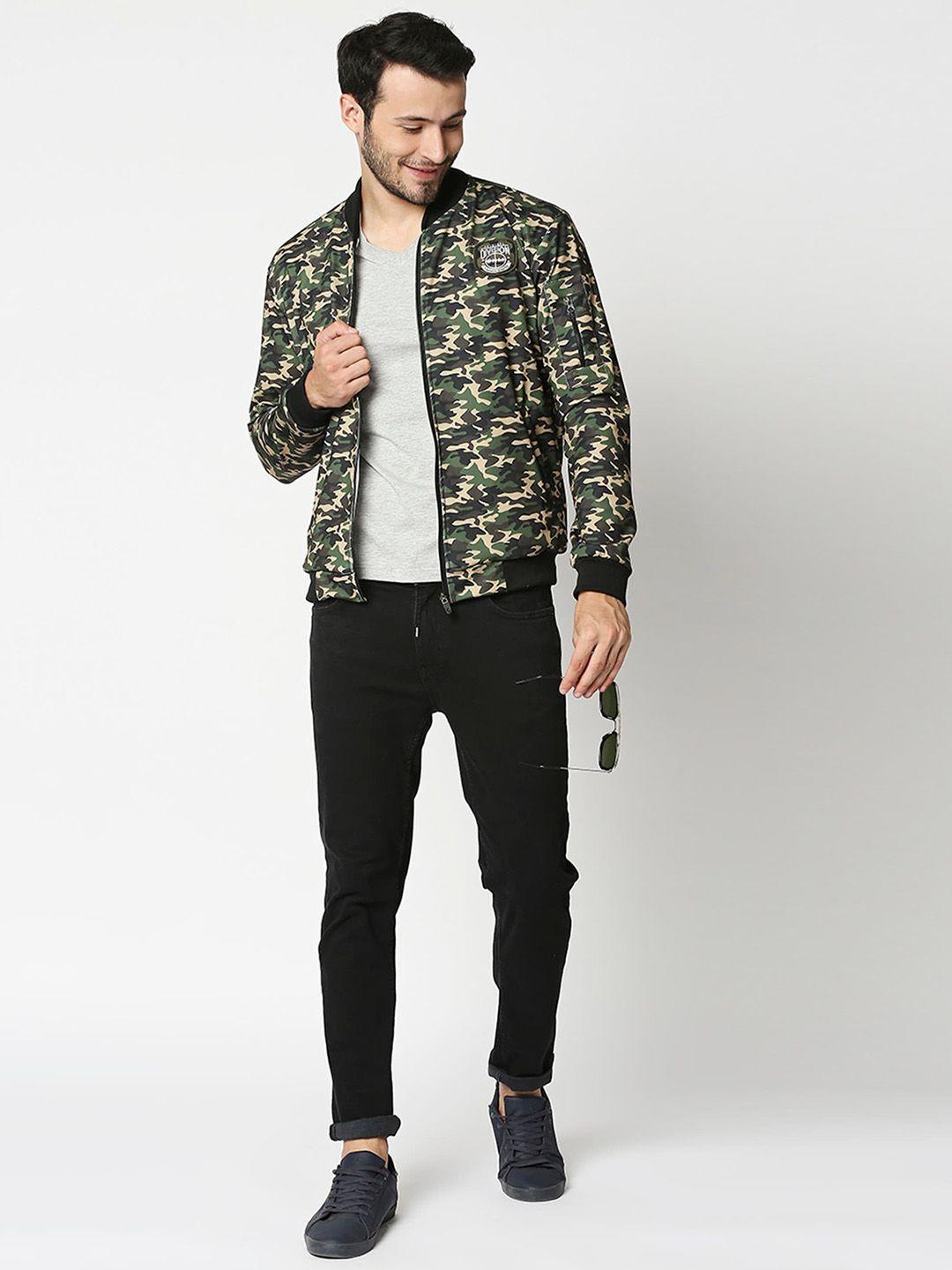 high star camouflage printed mock collar bomber jacket