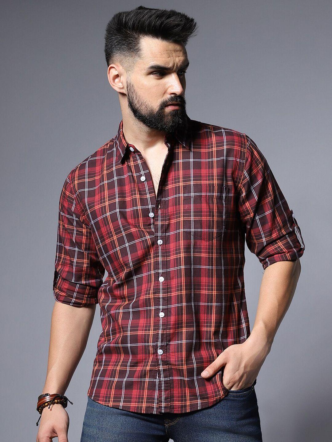 high star classic checked roll-up sleeves casual pure cotton shirt
