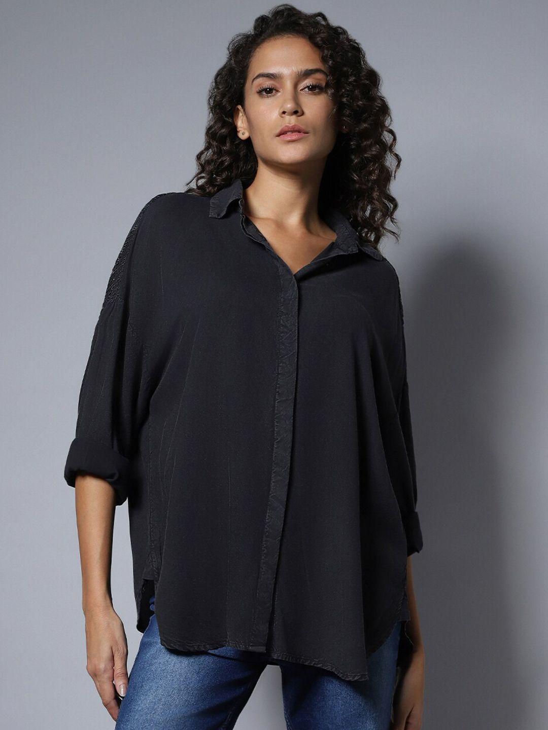 high star cotton spread collar long sleeves solid oversized longline shirt