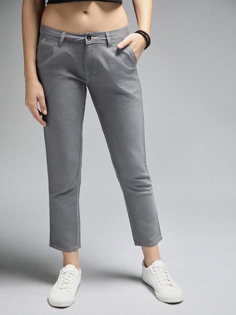 high star grey cotton slim fit high rise trousers