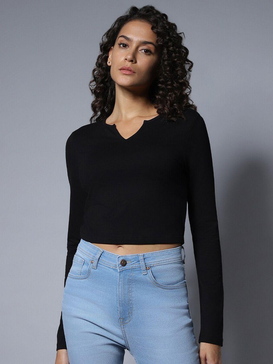 high star solid v-neck full sleeves crop top