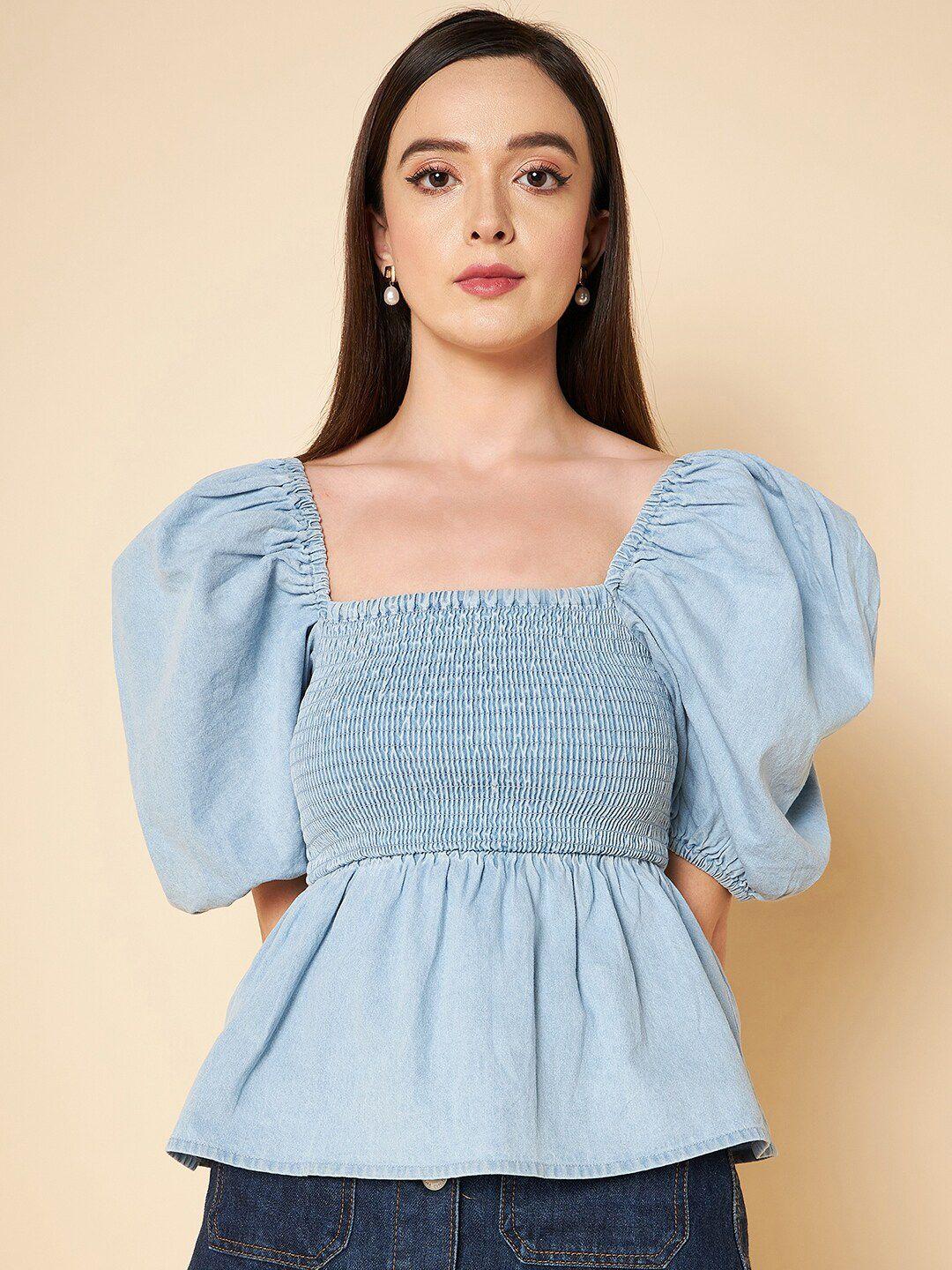high star square neck puff sleeves smocked pure cotton peplum top