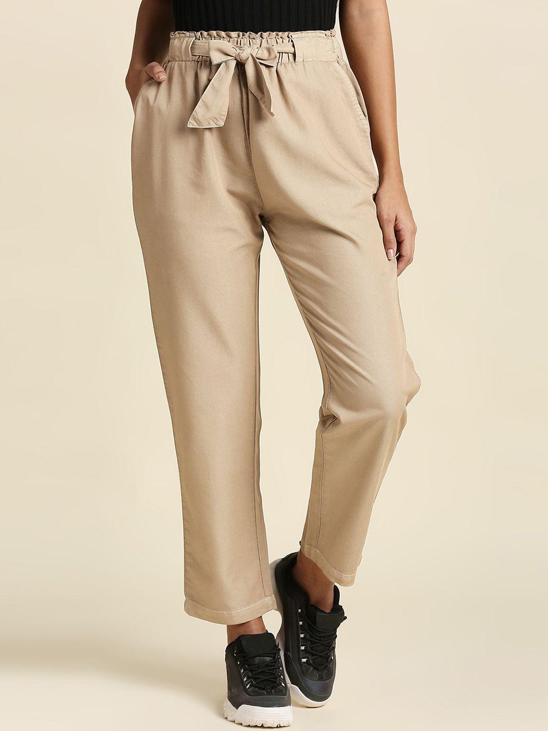 high star women beige straight fit high-rise trousers