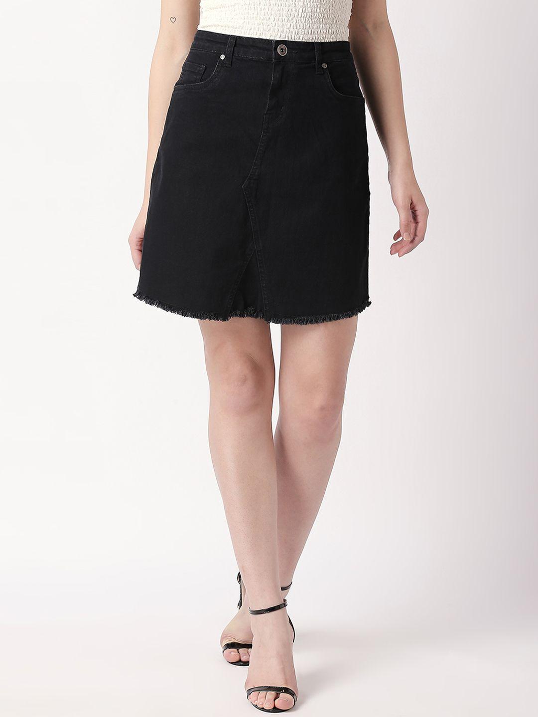 high star women black solid a-line mini denim stretchable skirt