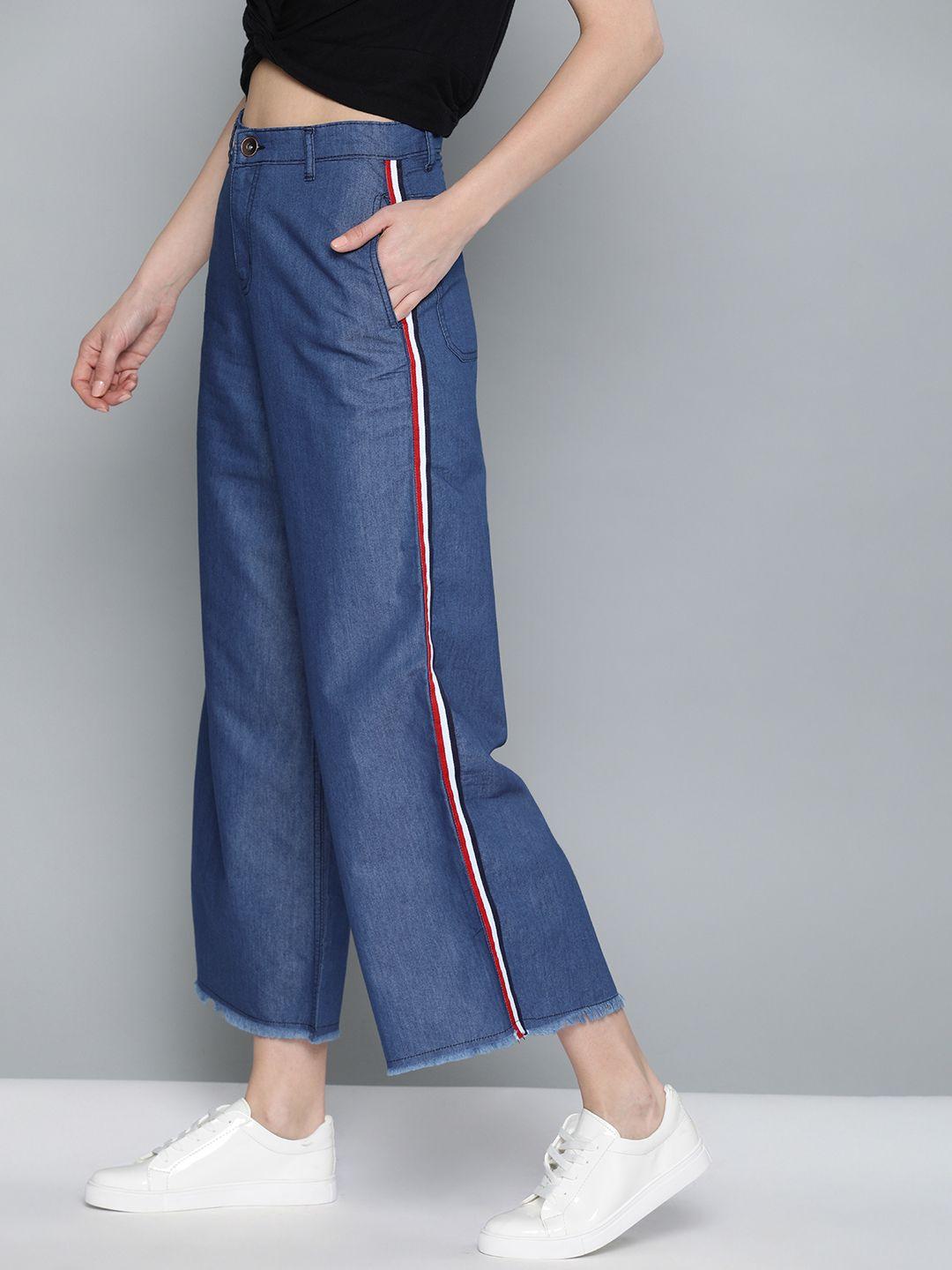 high star women blue flared solid cropped regular trousers