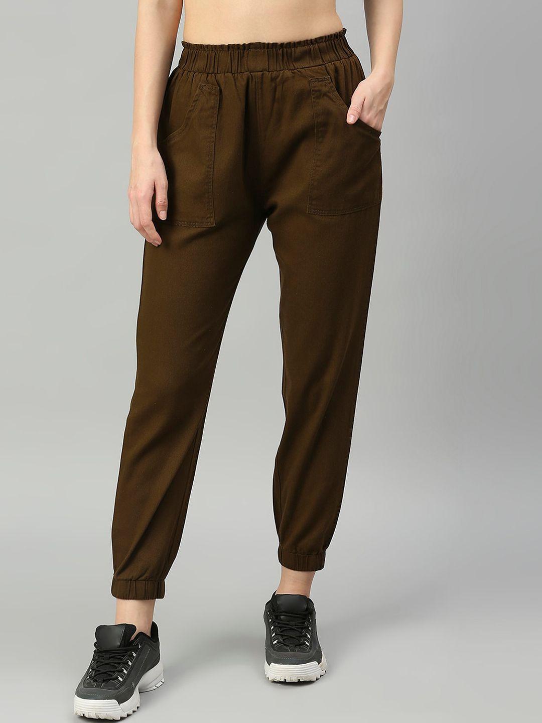 high star women brown pure cotton tapered fit high-rise joggers