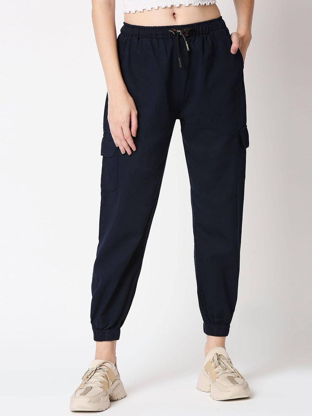 high star women navy blue loose fit high-rise cotton joggers
