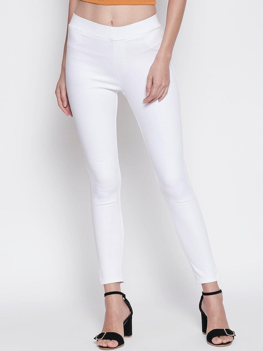 high star women white solid stretchable jeggings