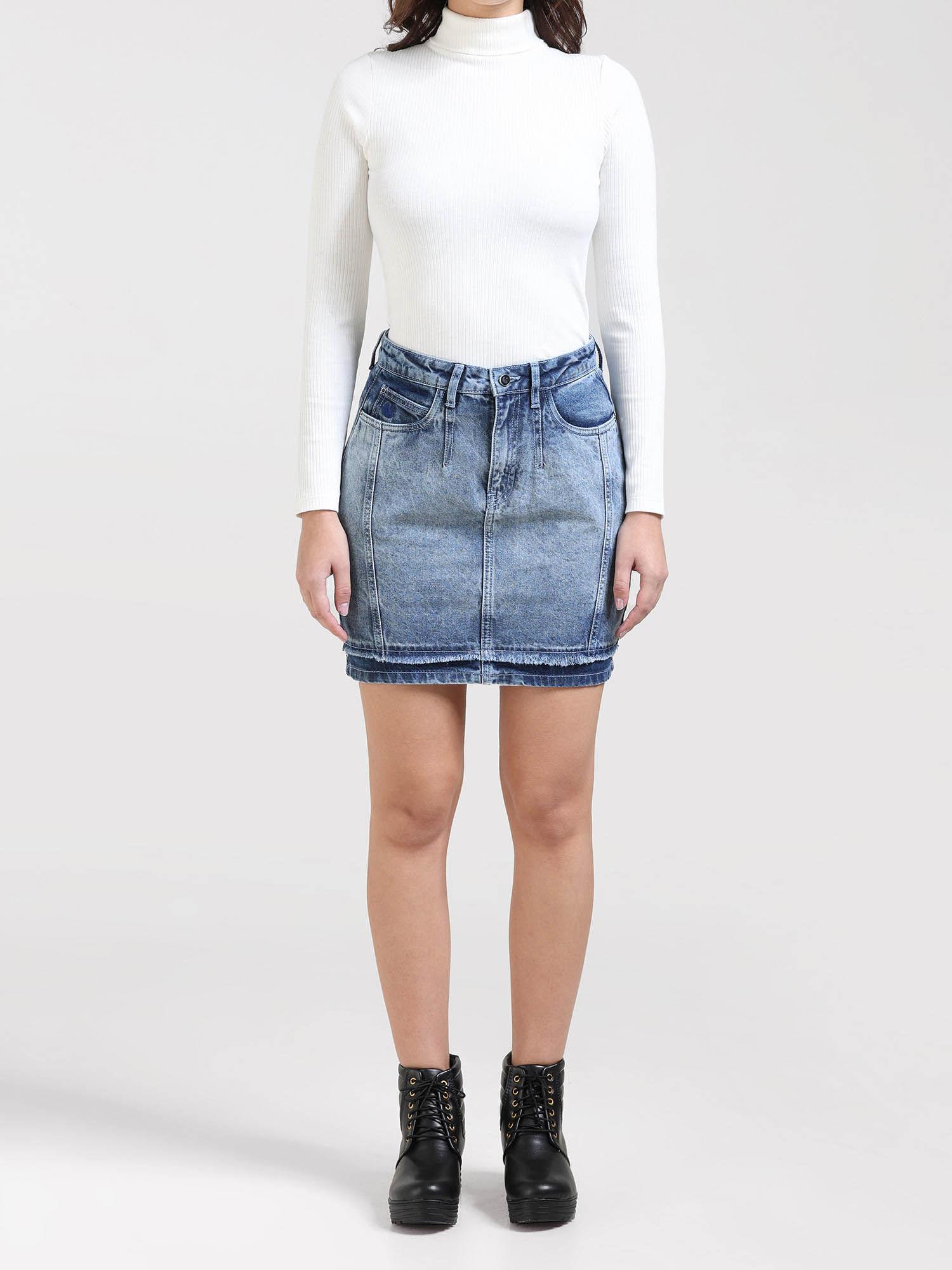 high waist mini denim skirt fitted fit light blue color