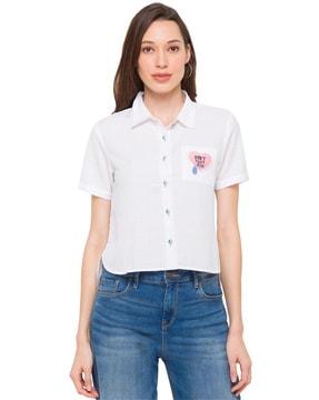 high-low button-down shirt top with patch pocket