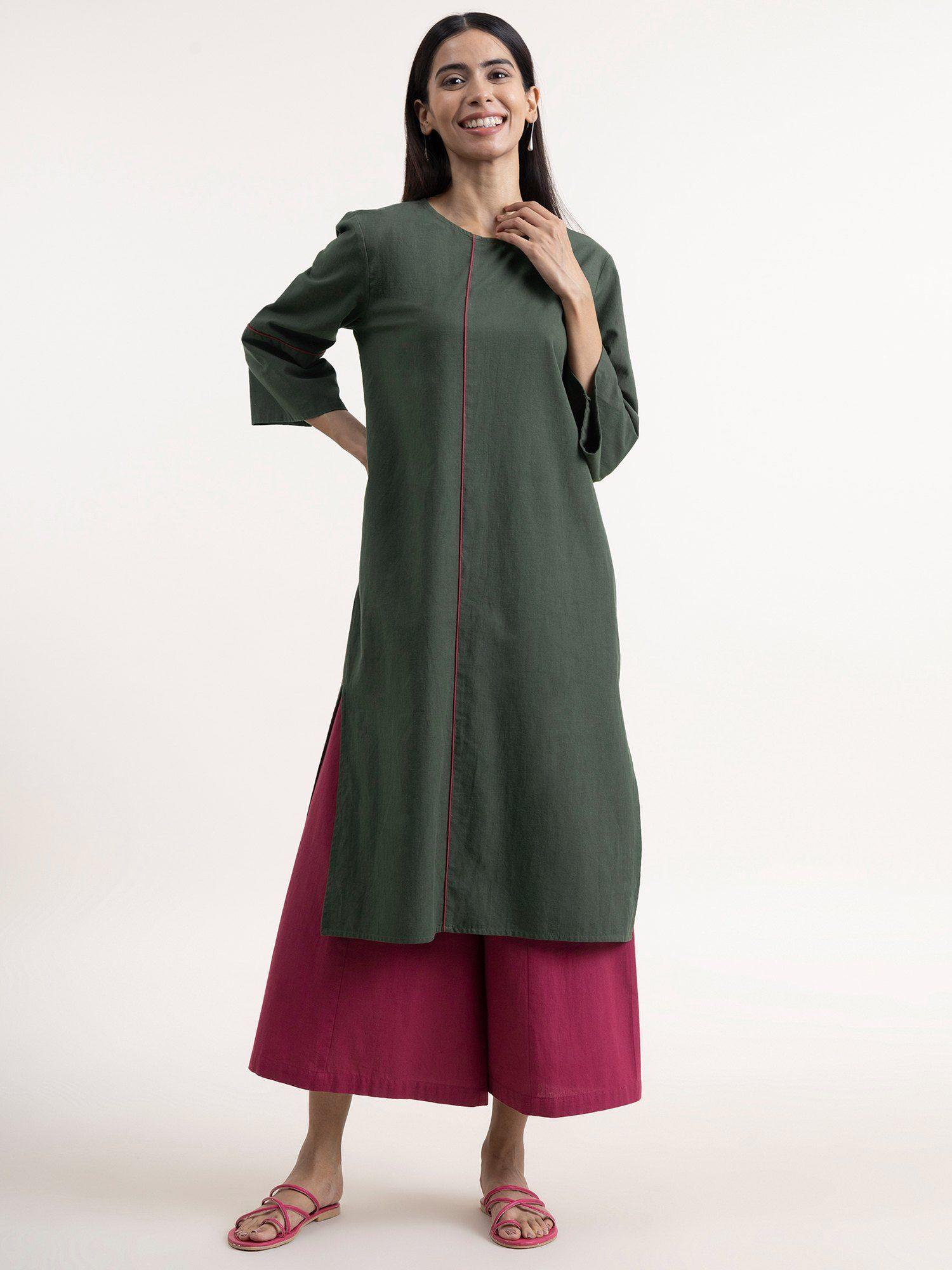 high-low cotton kurta - green