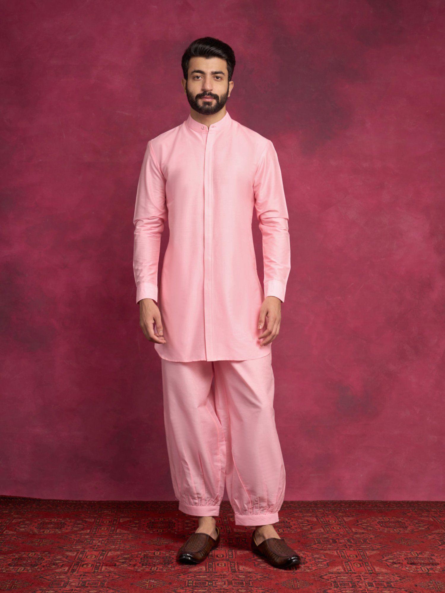 high-low hem kurta paired with pathani pants-sakura pink (set of 2)