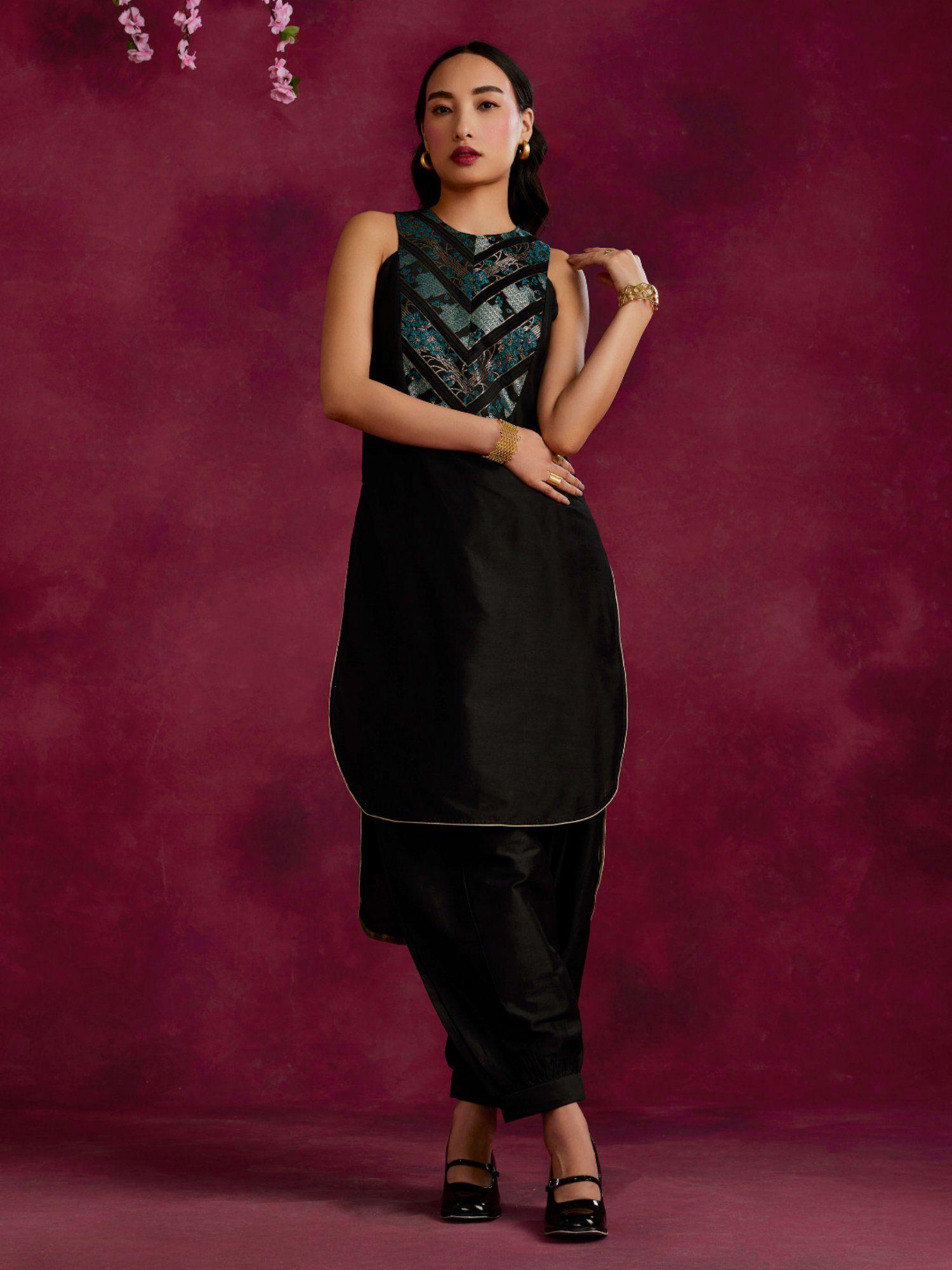 high low hem kurta with pleated zari yoke black