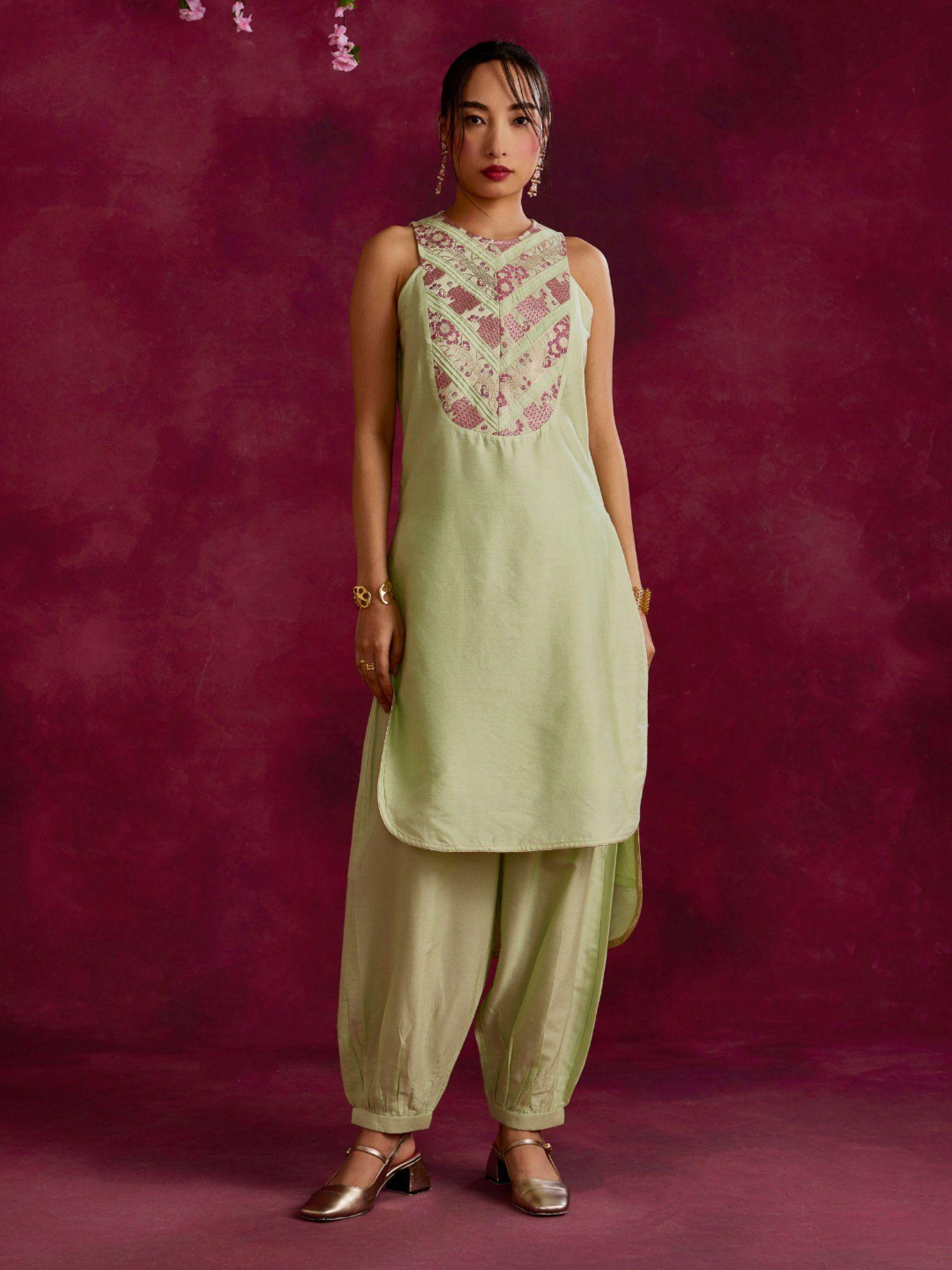 high low hem kurta with pleated zari yoke pistachio green