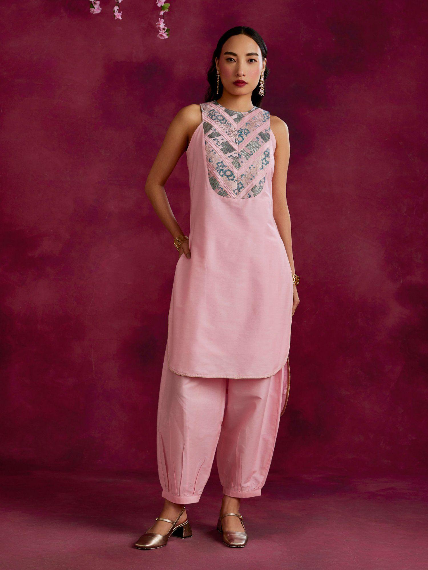 high low hem kurta with pleated zari yoke sakura pink